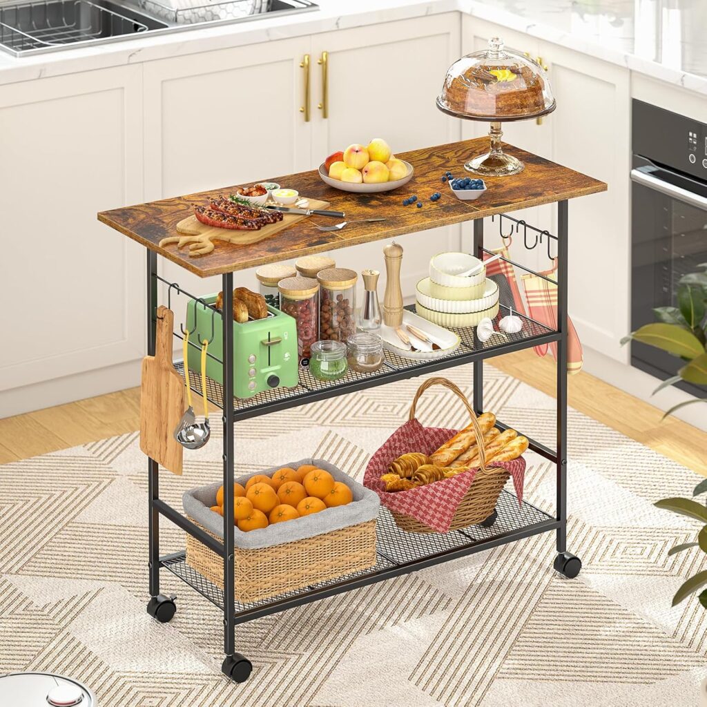 Kitchen Island with 3 Shelves, Rolling Kitchen Cart with 6 Hooks and Protective Shelf, Microwave Sta…