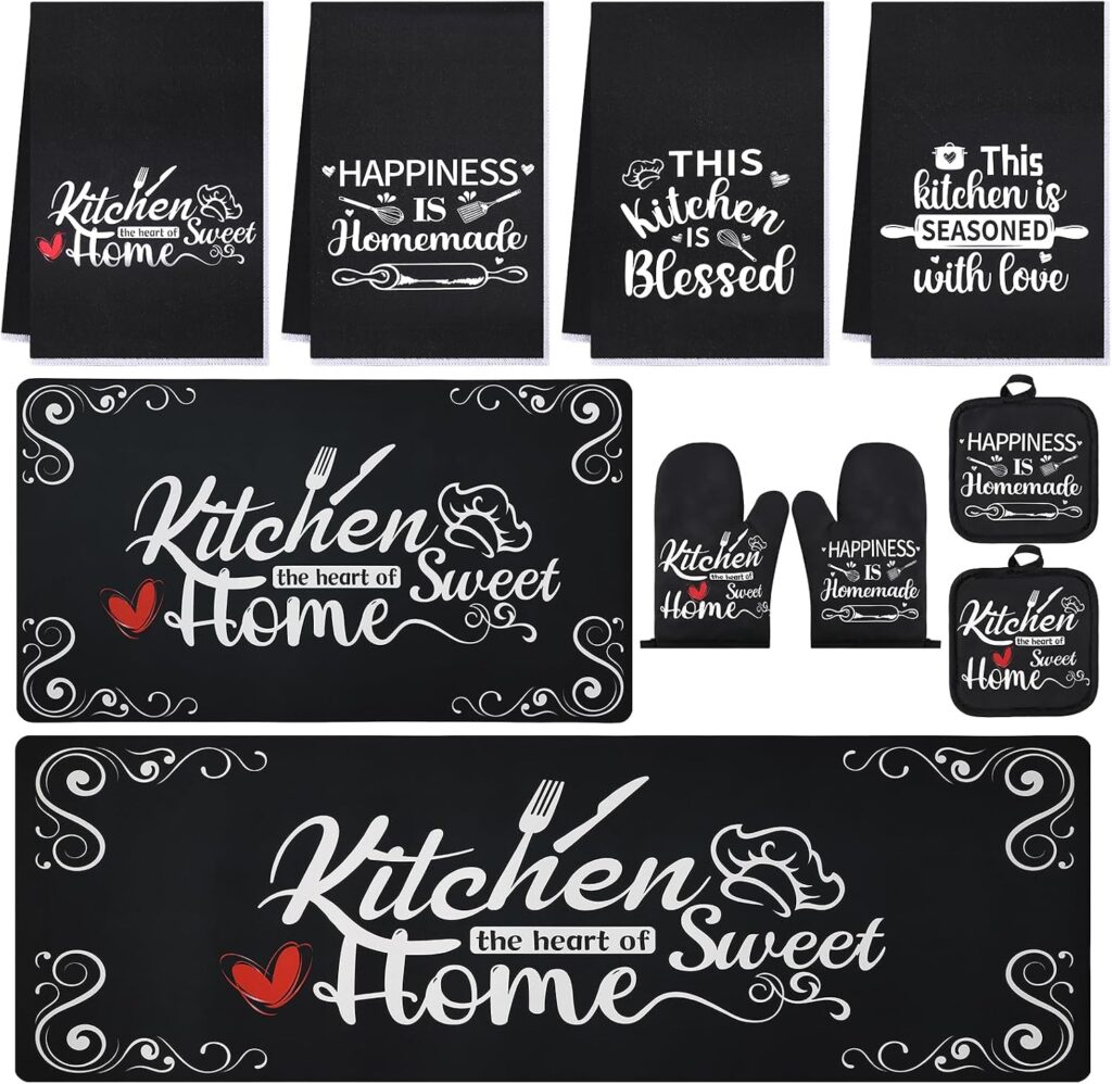 10 Pcs Black Kitchen Accessories Decor Set with 4 Kitchen Dish Towels 2 Vintage Pot Holders 2 Oven M…