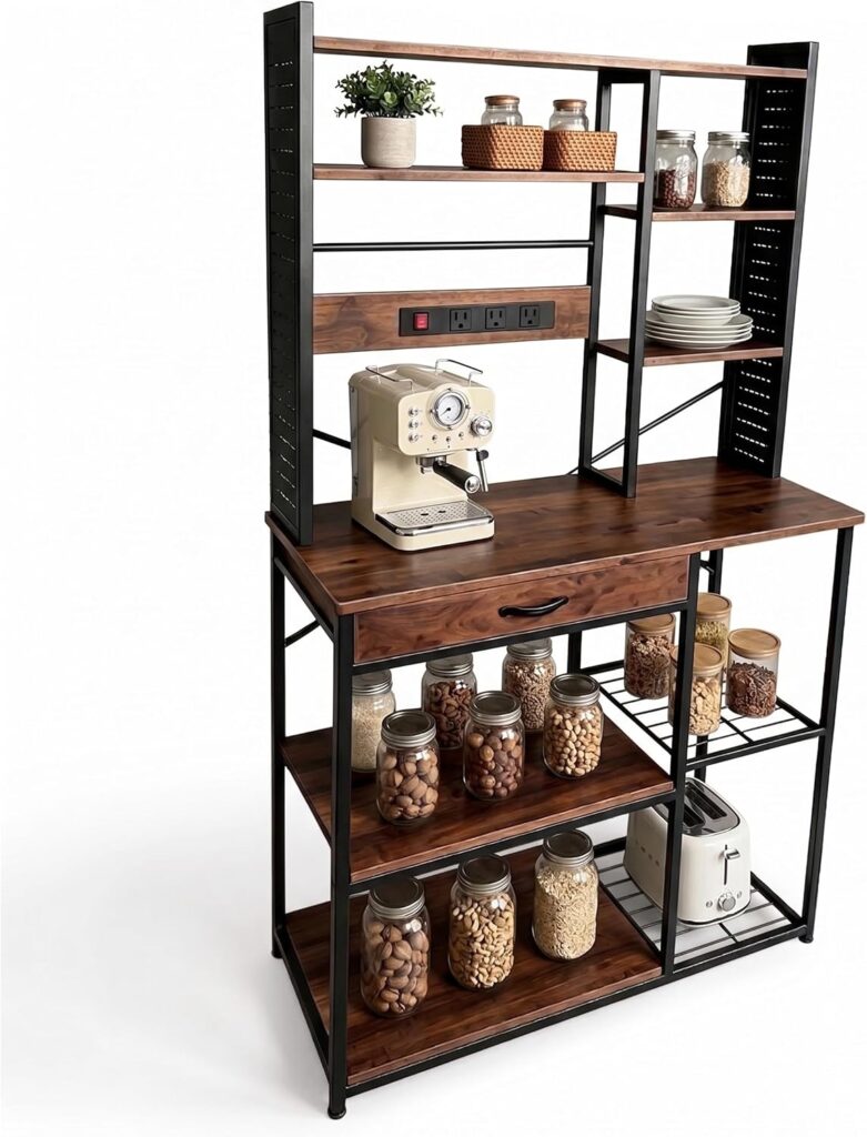 Kitchen Baker’s Rack with Power Outlet, Retro Walnut, Matte Black Frame