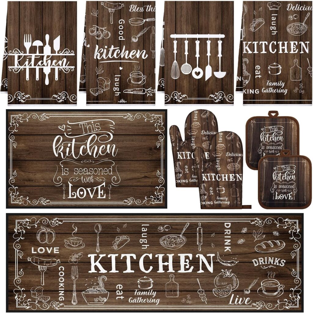 Fourluoo 10 Pcs Kitchen Towels Pot Holders Oven Mitts Rugs Set Farmhou…