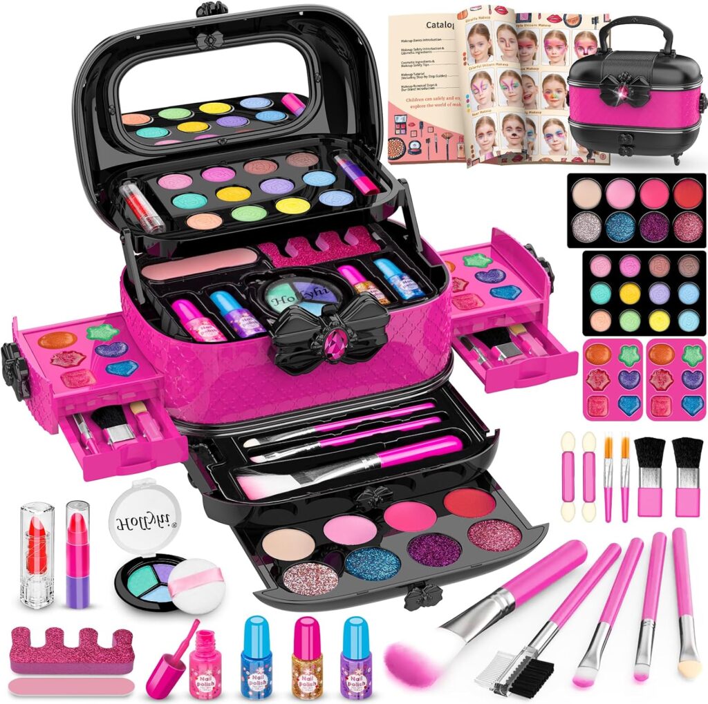 Hollyhi 58 Pcs Kids Makeup Toys Kit for Girls, Real Washable Make Up S…