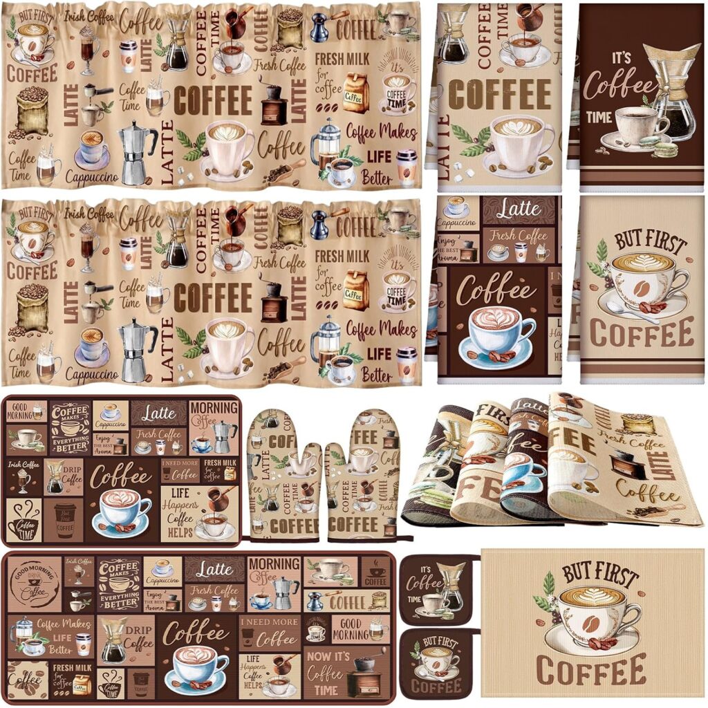Fourluoo 16 Pcs Coffee Kitchen Decor Set Towels Dishcloths Rug Mitts Brown