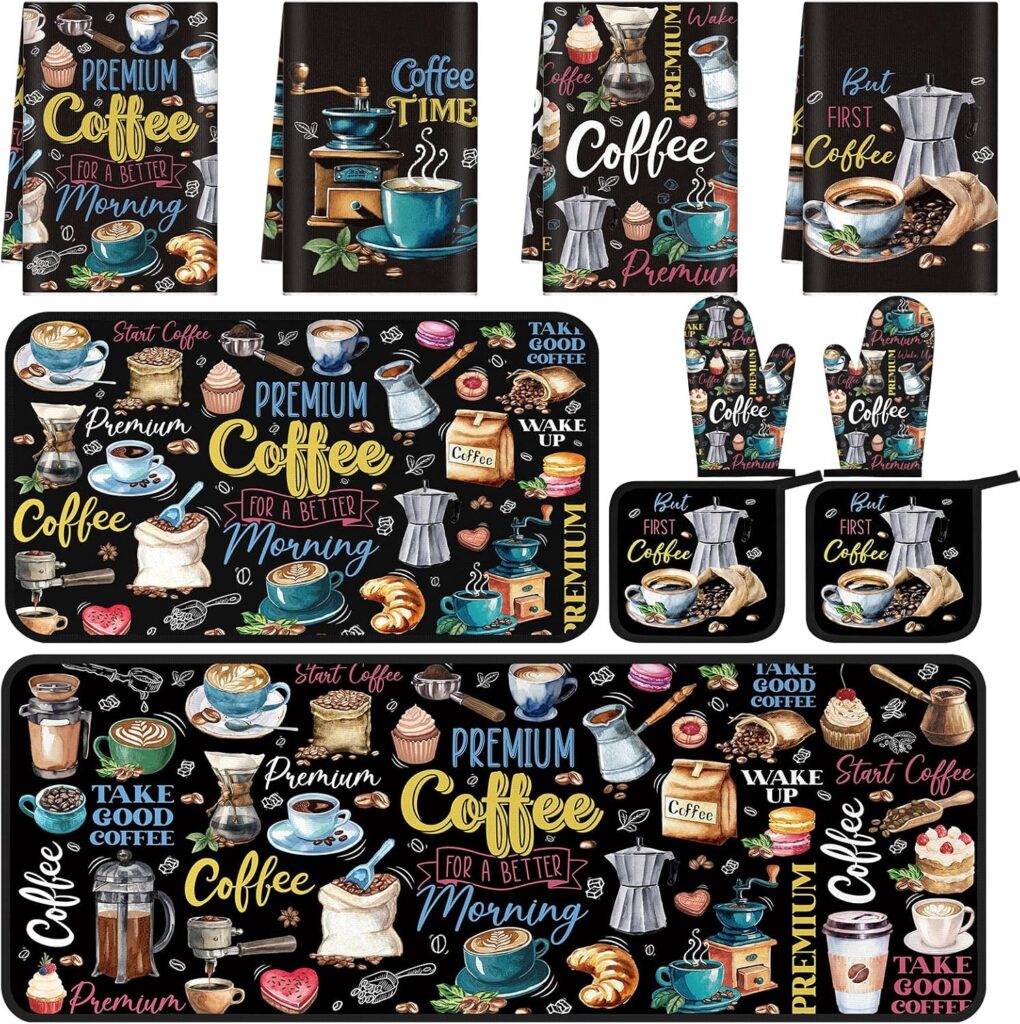 Fourluoo 10 Pcs Coffee Kitchen Decor Set Vintage Black Kitchen Accessories
