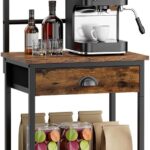 YMYNY 5 Tier Coffee Bar Station, Coffee Stand with Fabric Drawers, 8 S-Shaped Hooks, Corner Bar Cabi…