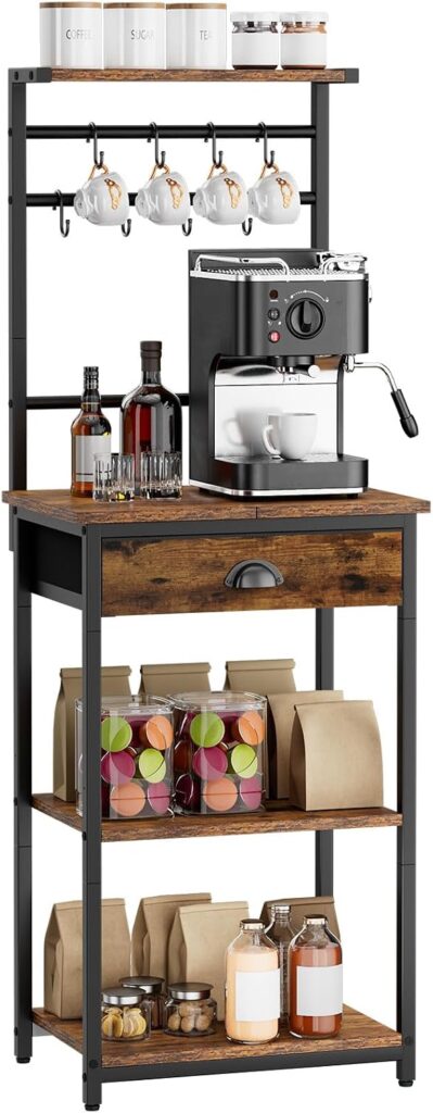 YMYNY 5 Tier Coffee Bar Station, Coffee Stand with Fabric Drawers, 8 S-Shaped Hooks, Corner Bar Cabi…