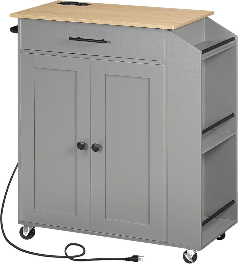 HOOBRO Kitchen Island with Power Outlet, Storage Island with Spice Rack and Drawer, Rolling Kitchen …