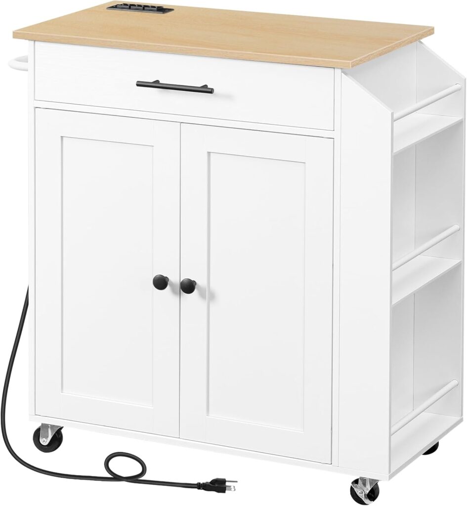 HOOBRO Kitchen Island with Power Outlet, Kitchen Storage Island with Spice Rack and Drawer, Rolling …