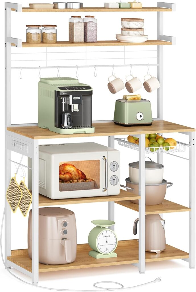 VASAGLE Baker’s Rack, 35.4 Inches Microwave Stand with Wire Basket, 8 Hooks