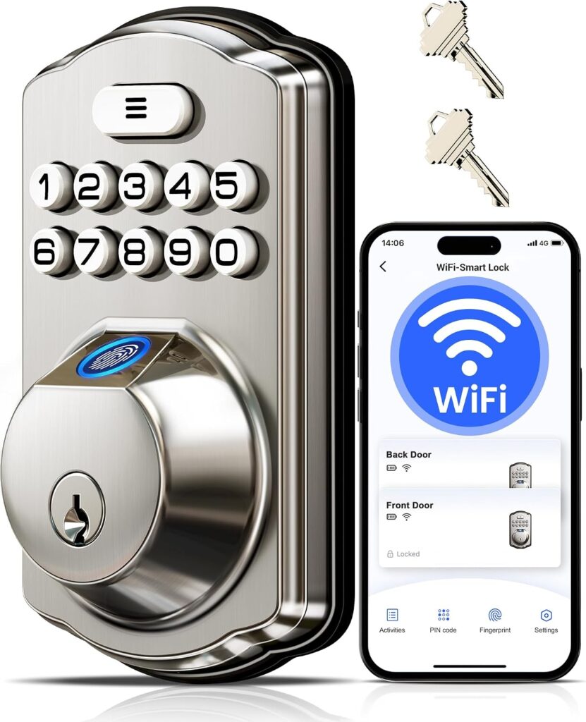 Veise VE012W WiFi Fingerprint Smart Lock for Front Door, Satin Nickel