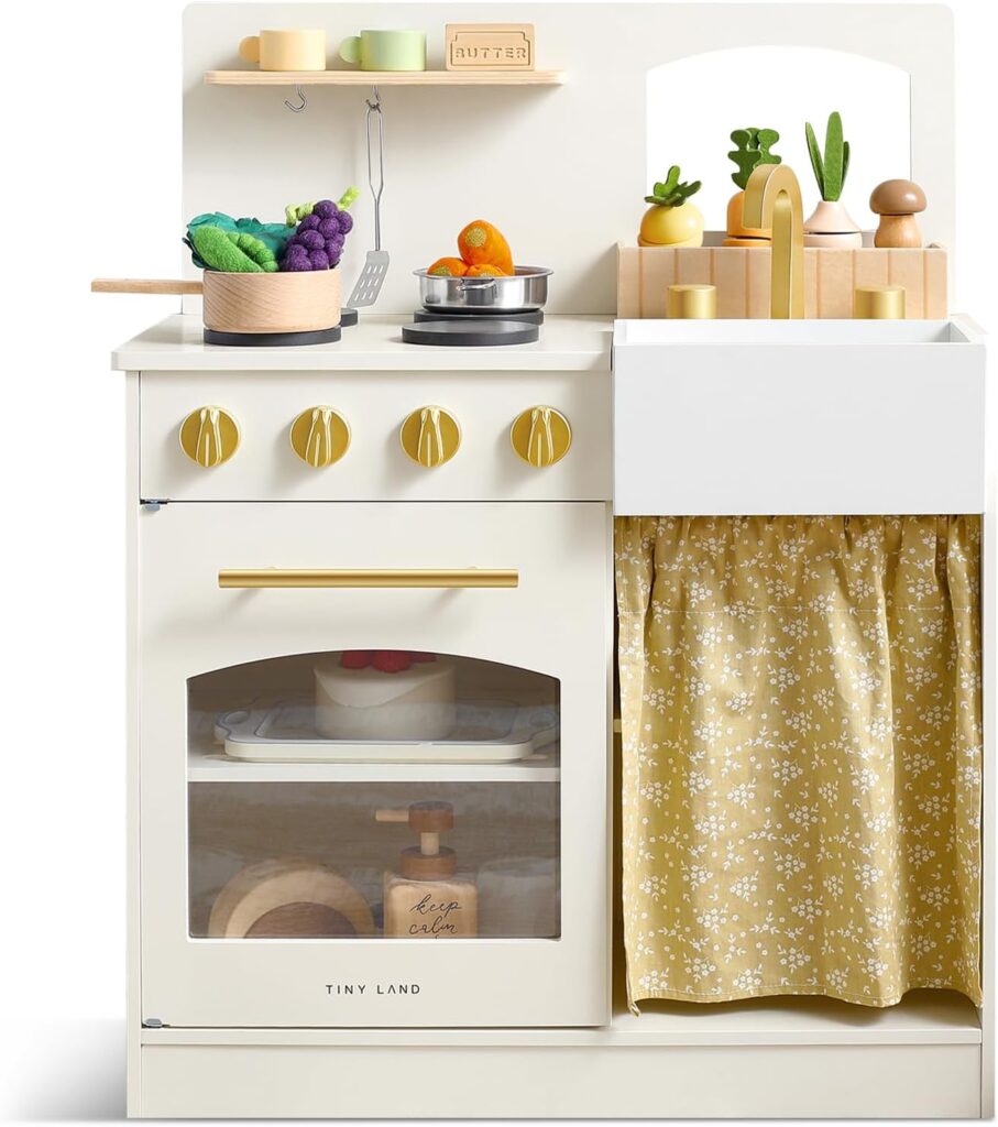 Tiny Land Wooden Play Kitchen for Toddlers, Compact Cream Pretend Play Set