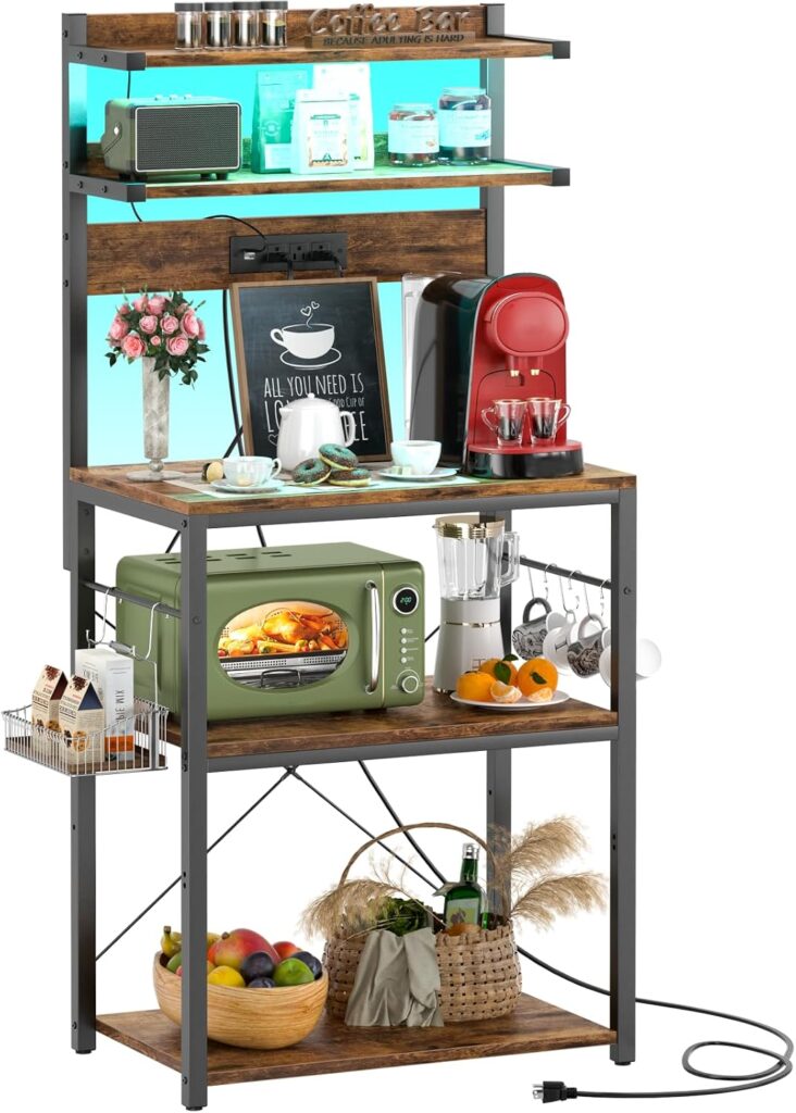 Aheaplus Bakers Rack with Power Outlet & RGB LED,5-Tiers Coffee Bar Table