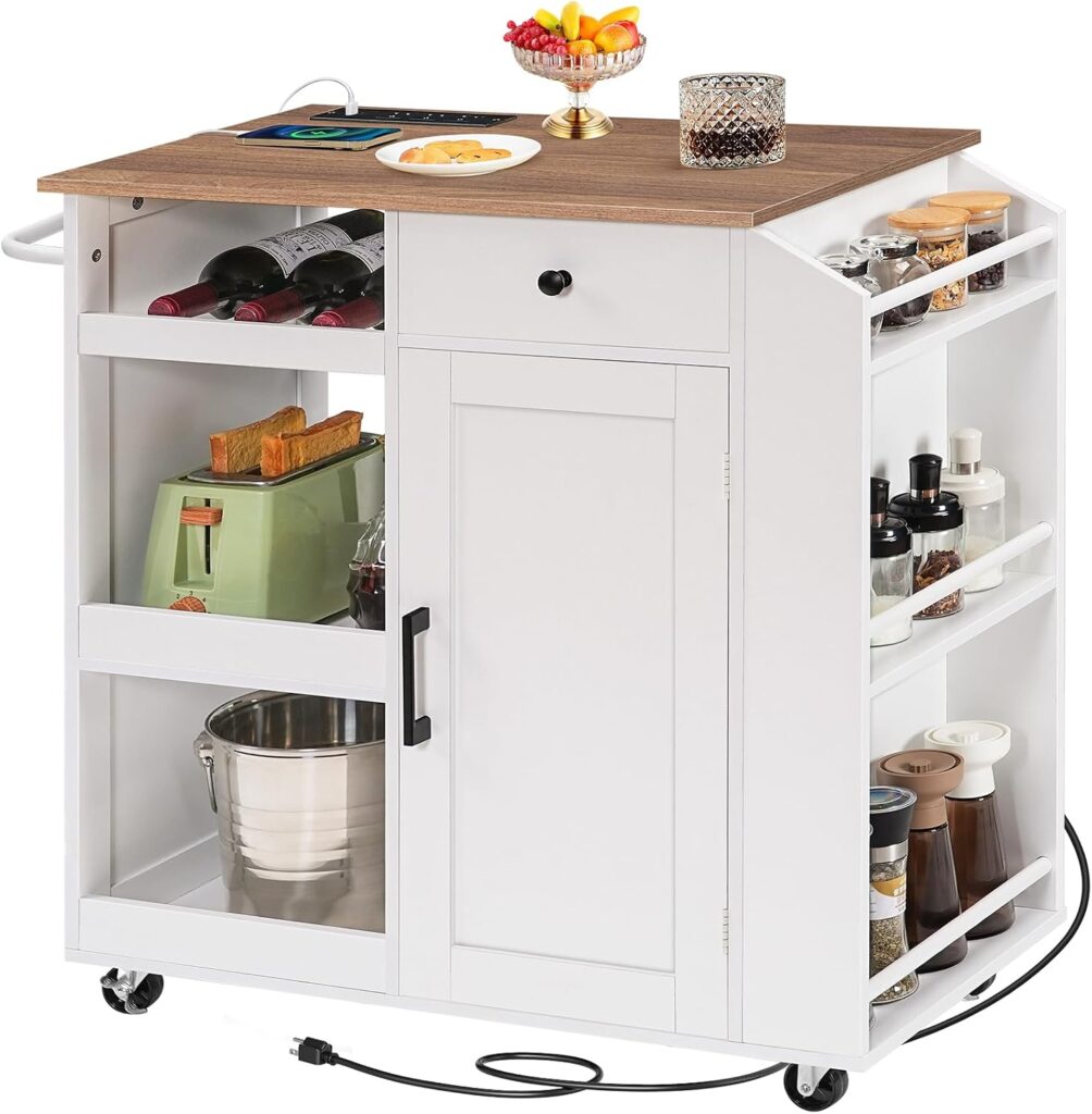 MAHANCRIS Kitchen Island with Power Outlet, Kitchen Storage Island with Drawer, Rolling Kitchen Cart…