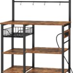 HOOBRO Bakers Rack with Power Outlet, 35.4 Inches Coffee Bar with Mesh Basket, Microwave Stand with …
