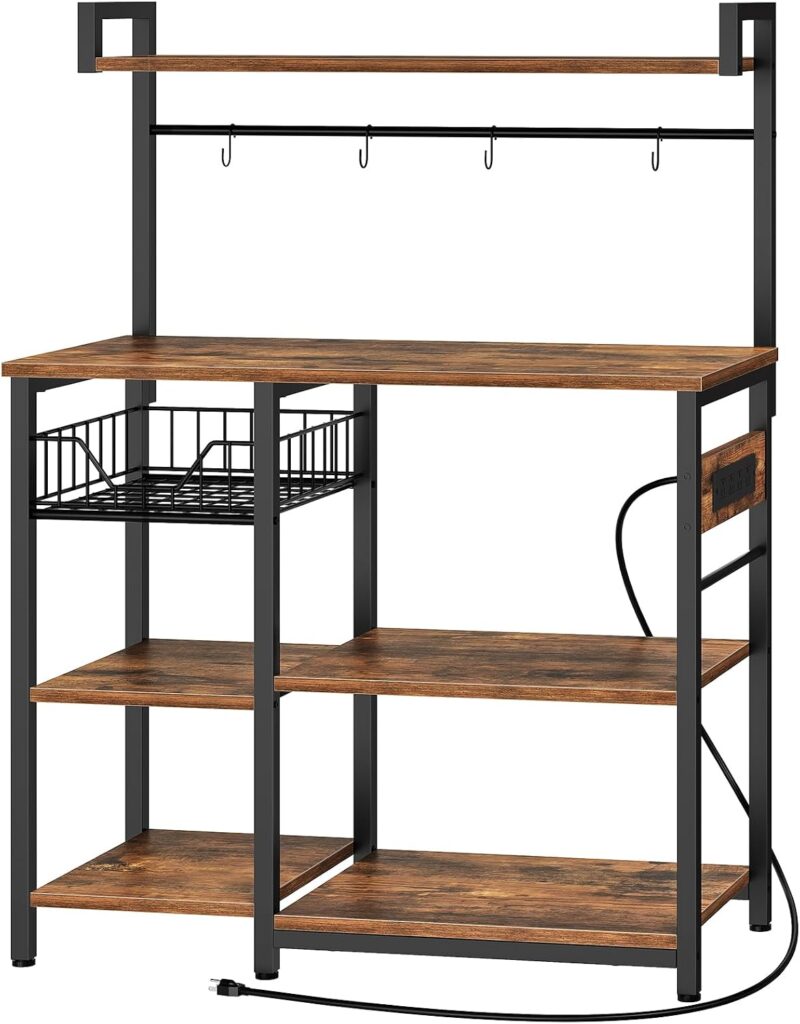 HOOBRO Bakers Rack with Power Outlet, 35.4 Inches Coffee Bar with Mesh Basket, Microwave Stand with …