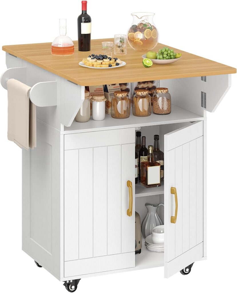 MAHANCRIS Kitchen Island on Wheels, Rolling Island Cart with Drop Leaf, Mobile Kitchen Island with S…