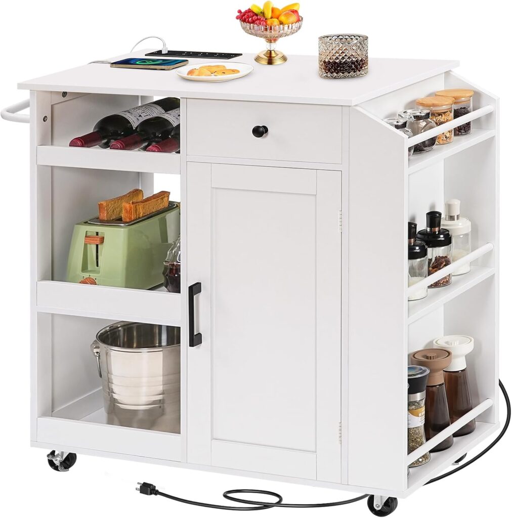 MAHANCRIS Kitchen Island with Power Outlet, Kitchen Storage Island with Drawer, Rolling Kitchen Cart…