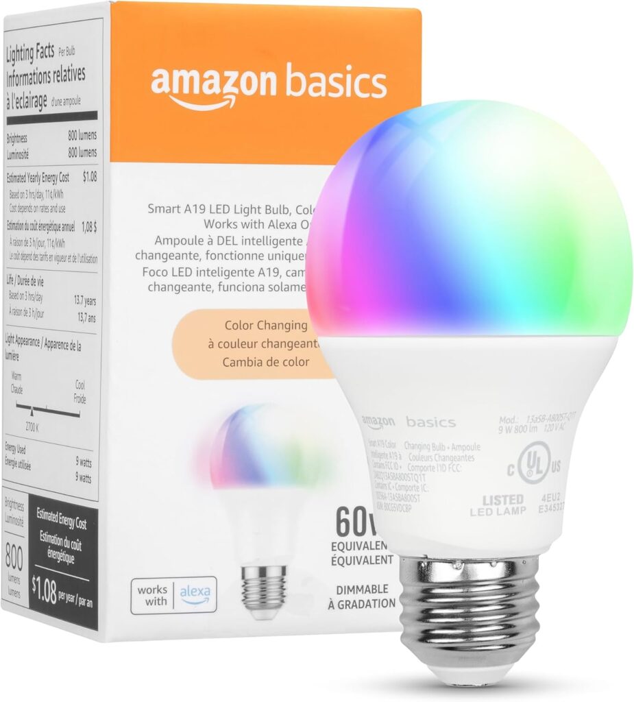 Amazon Basics Smart A19 LED Light Bulb, Color Changing, 9W (60W Equivalent), 800LM, Works with Alexa…