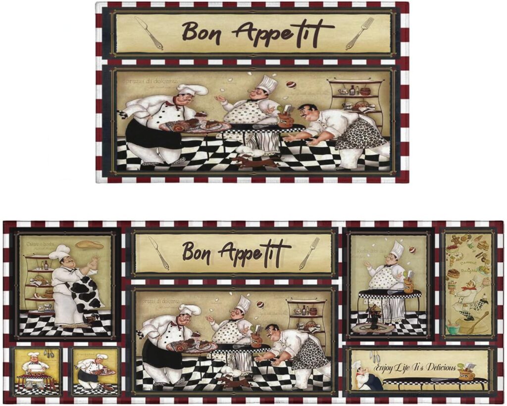 Funny Fat Chef Kitchen Rugs Decor Sets of 2 Non-Slip Washable Chef Kitchen Mats for Floor 2 Piece