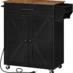 HOOBRO Kitchen Island with Power Outlet, Rolling Kitchen Island with Large Worktop, Kitchen Island C…