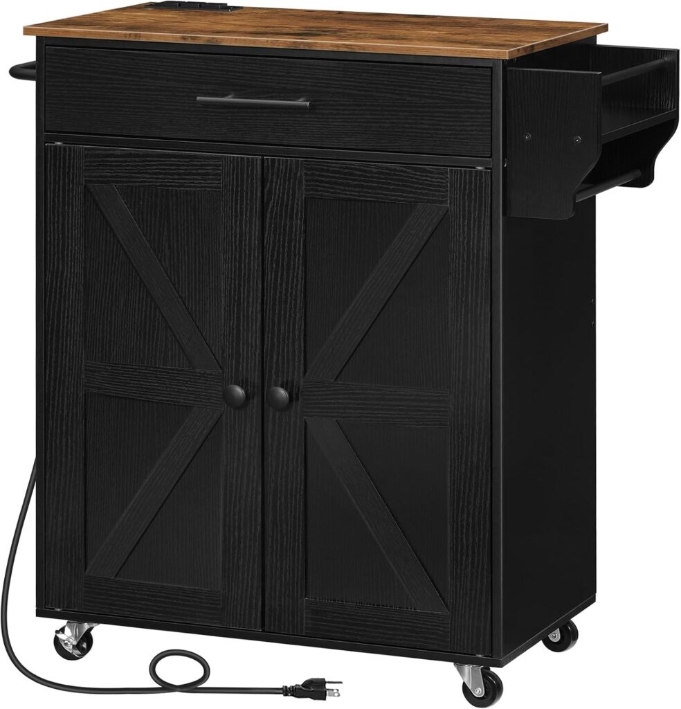 HOOBRO Kitchen Island with Power Outlet, Rolling Kitchen Island with Large Worktop, Kitchen Island C…