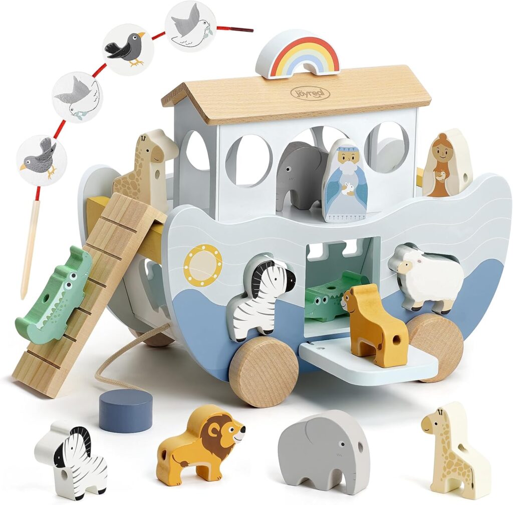 Joyreal Wooden Noah’s Ark Toy for 1 Year Old Baby Boy and Girl Baptism…