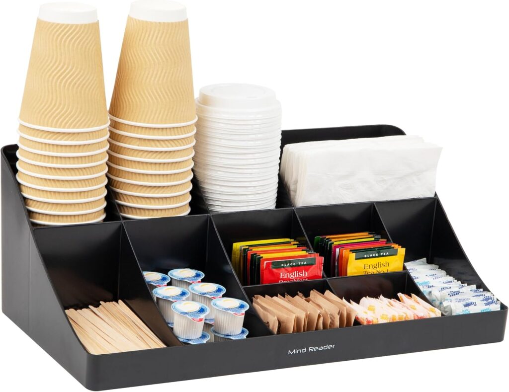 Mind Reader Cup and Condiment Station, Countertop Organizer, Coffee Bar, Kitchen, Stirrers, 17.875″L…