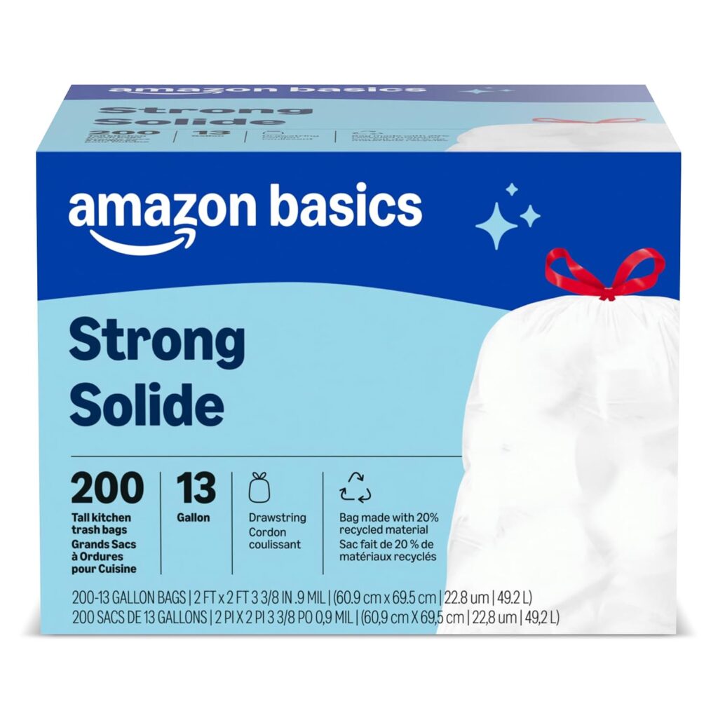 Amazon Basics Trash Bags, Tall Kitchen Drawstring, Unscented, 13 Gallon, 200 Count, Pack of 1, Packa…