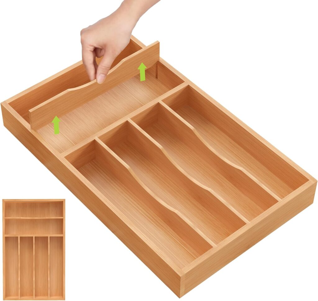 Unibambou Bamboo Kitchen Silverware Organizer with Removable Divider