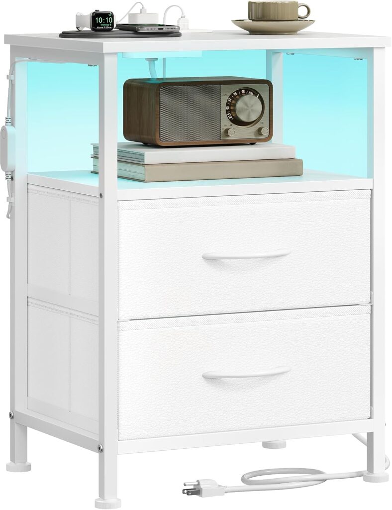 SONGMICS Nightstand with Charging Station, 2 Fabric Drawers