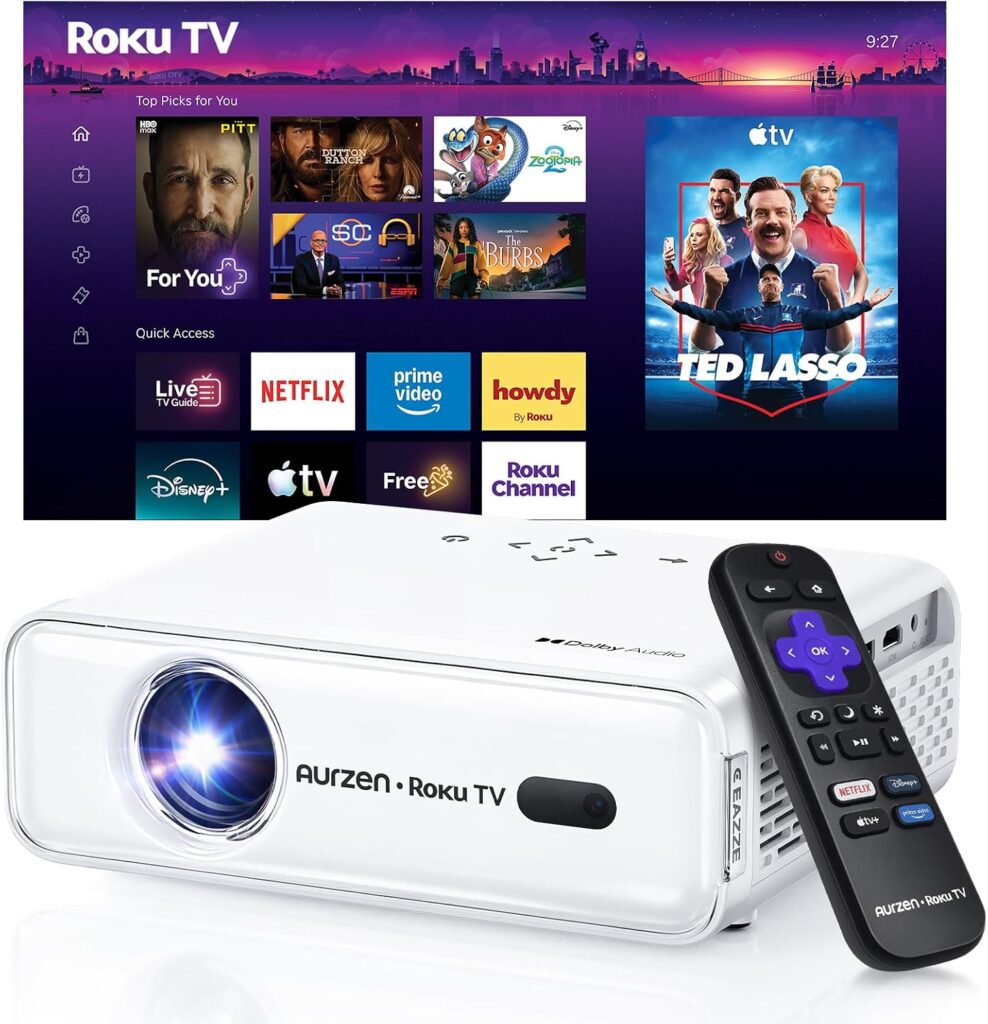 Aurzen Roku TV D1R Smart Portable Outdoor Projector with WiFi and Bluetooth