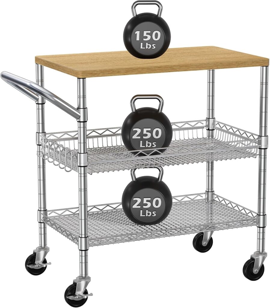 3 Tier Rolling Kitchen Carts on Wheels with Storage,650Lbs Heavy Duty Utility Carts with Wheels,Kitc…