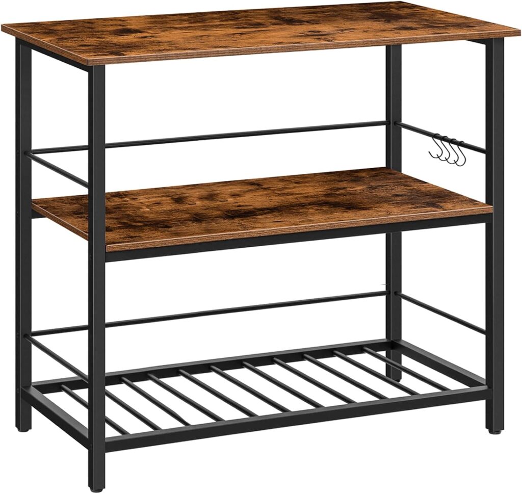 HOOBRO Kitchen Island with Wine Rack, Industrial Island Counter with Hooks and Protective Rails, 3 T…