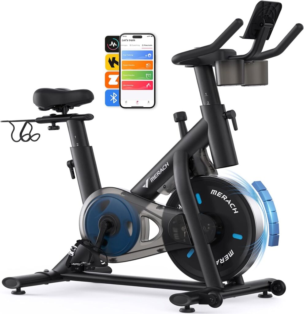 MERACH Exercise Bike, Magnetic Friction Stationary Bike for Home with APP
