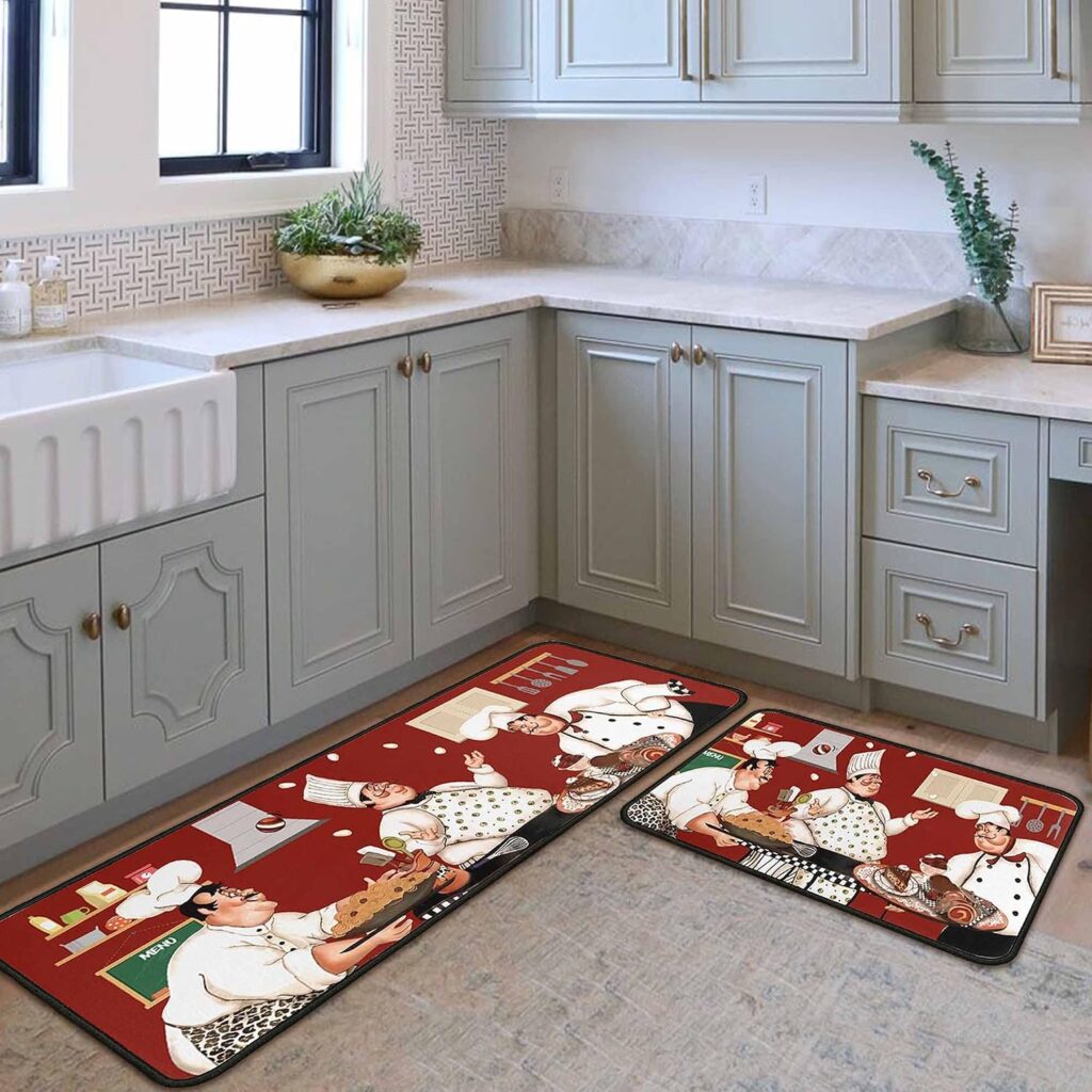 Cartoon Fat Chef Kitchen Rugs Set of 2, Red Background Bistro Cooking Chef Water Absorbent Non Slip …