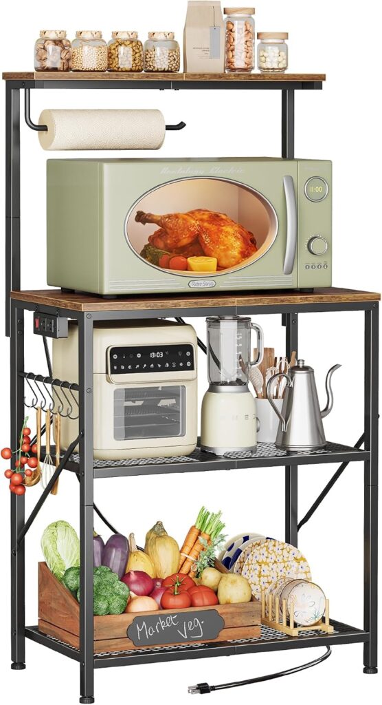 Huuger 4-Tier Bakers Rack with Reversible Power Outlet, 23.6 Inch Microwave Stand, Kitchen Coffee Ba…
