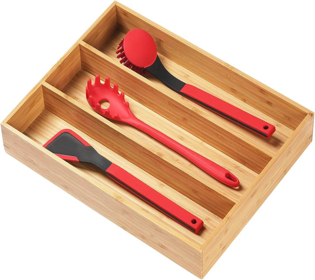 Umilife Bamboo Kitchen Utensils Organizer, 13 Inch Drawer Dividers for Silverware, Extra Deep Holder…