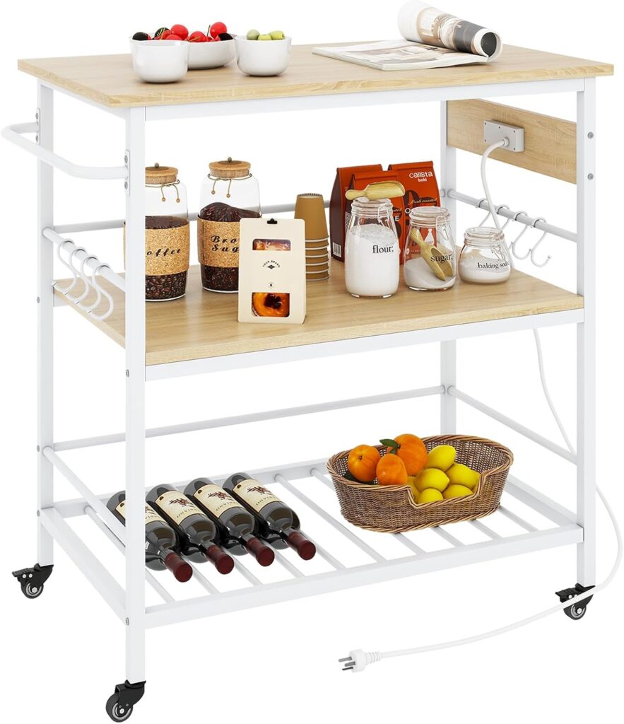 IBUYKE Kitchen Island with 3 Shelves, Island Table for Kitchen with Power Outlet,Kitchen Cart with L…