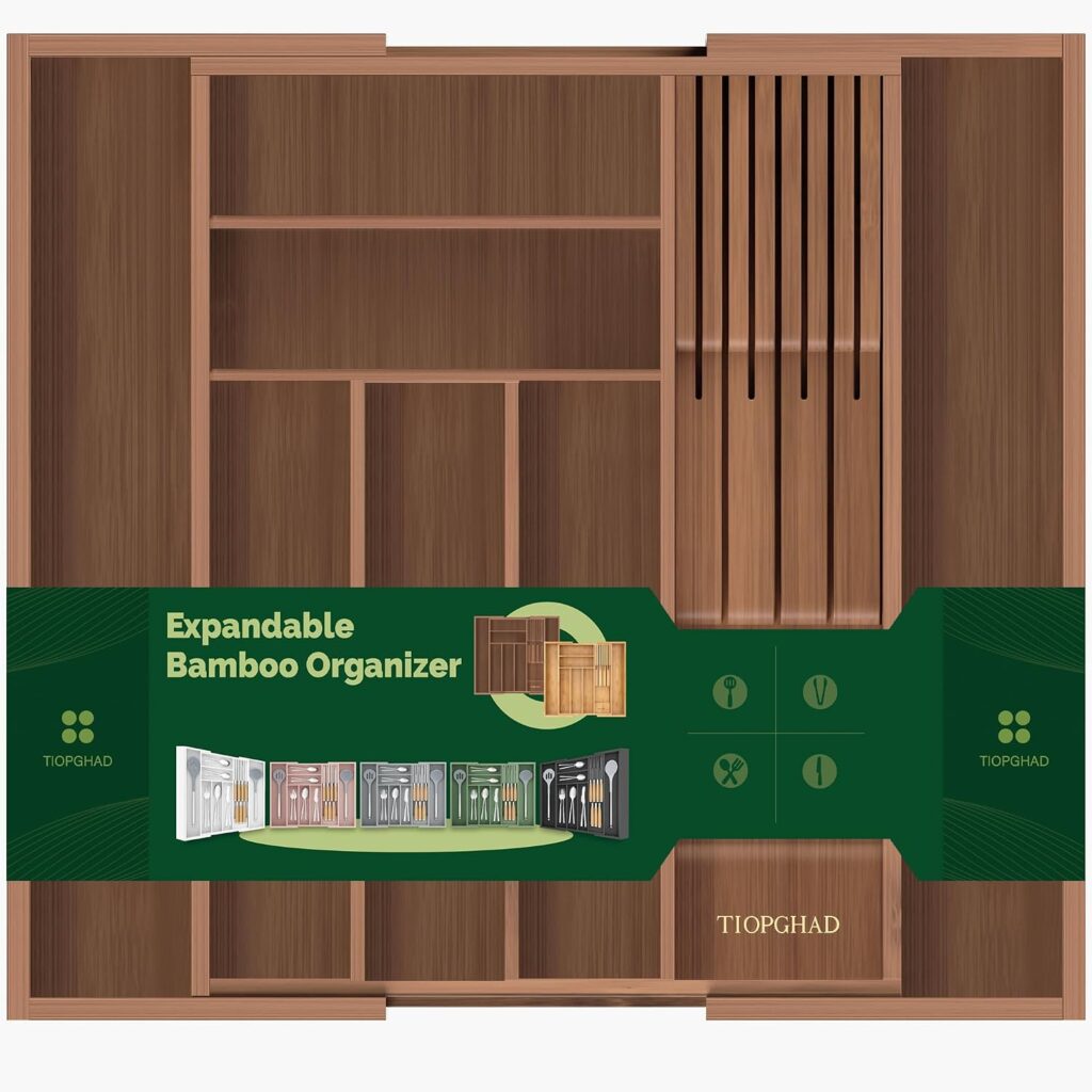 TIOPGHAD Expandable Bamboo Silverware Organizer with Knife Block, Brown
