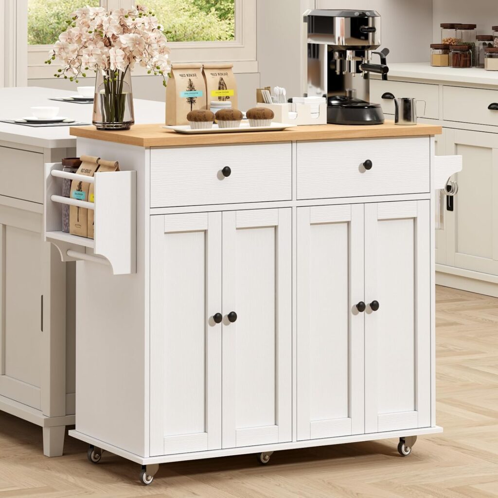 Kitchen Island with Storage, 35.4″ Rolling Kitchen Island Cart on Wheels with 2 Drawers&Doors, Porta…