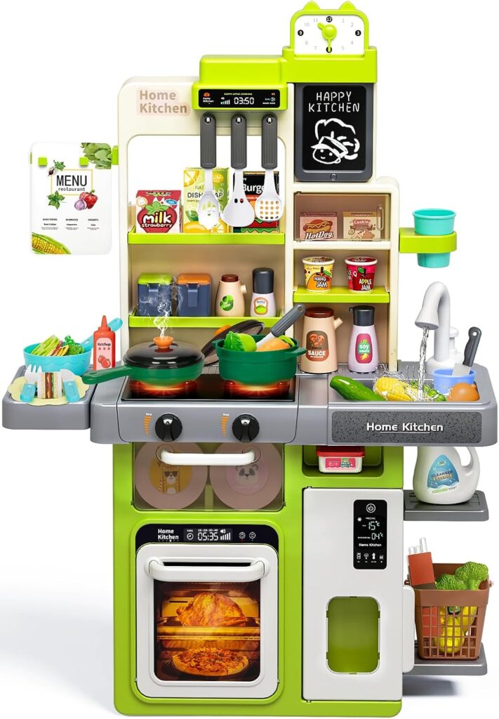 Kids Play Kitchen Set, Toddler Kitchen Playset with Sound & Light, Cooking Stove with Steam, Play Si…