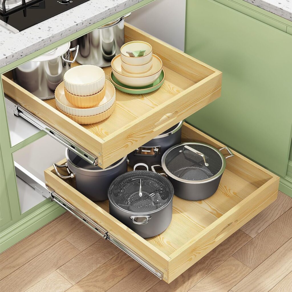 Pull Out Cabinet Organizer, Soft Close Wooden Slide Out Drawers for Pots and Pans, Full-extension Ro…