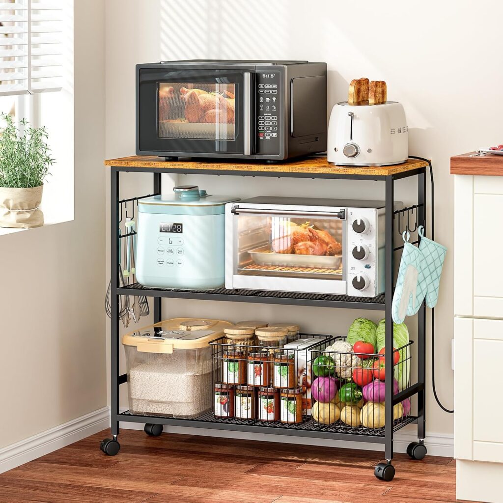 3 Tier Rolling Kitchen Microwave Cart, 33 Inch Microwave Table Stand with Adjustable Shelf, Kitchen …