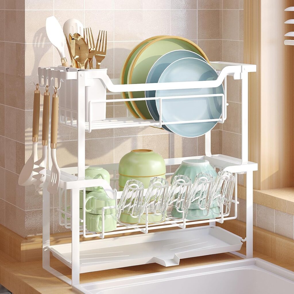 Dish Rack with Drainboard, Organizes Dishes and Bathroom Items