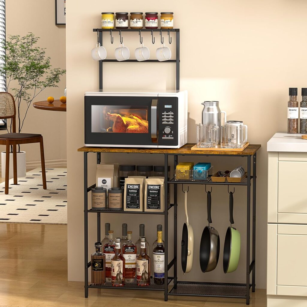 3IngSeagulls Baker’s Rack for Kitchen with Storage, Microwave Stand with Adjustable Shelves and 10 S…