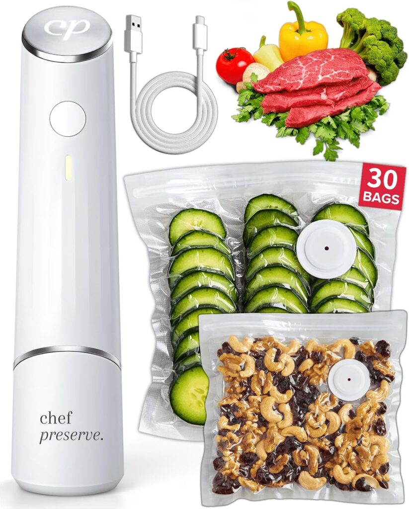 Chef Preserve Compact Vacuum Sealer for Food (Vacuum Sealer Machine + 30 Reusable Vacuum Bags) Power…
