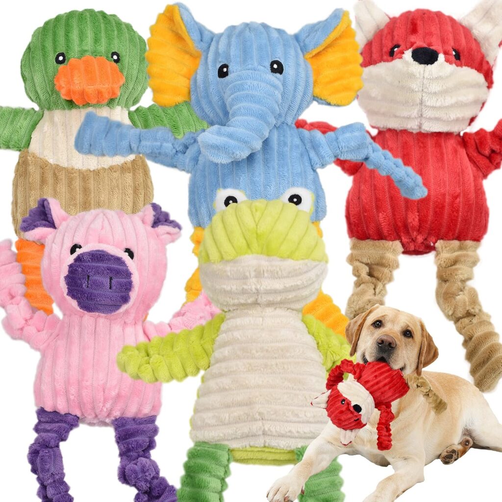 LECHONG 5 Pack Tough Dog Toys Stuffed Squeaky Dog Toys Assortment Plus…