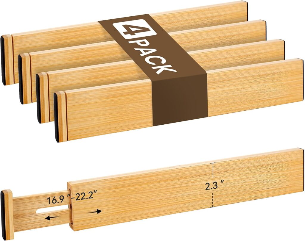 Adjustable Bamboo Drawer Dividers of 4, Expandable Organizers (16.9″-22.2″)