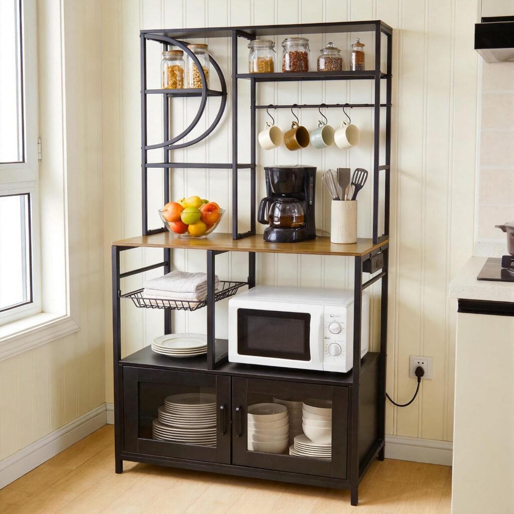 Uieke Bakers Rack with Power Outlet and Storage, Kitchen Bakers Rack with Cabinet & 10 Hooks, Coffee…