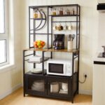 Uieke Bakers Rack with Power Outlet and Storage, Kitchen Bakers Rack with Cabinet & 10 Hooks, Coffee…