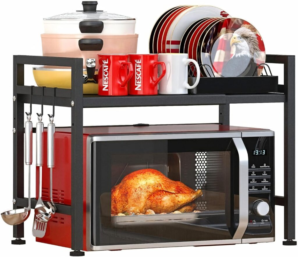 PUSDON Textured Black Microwave Oven Rack, Expandable 2-Tier Kitchen Countertop Organizer, Heavy Dut…
